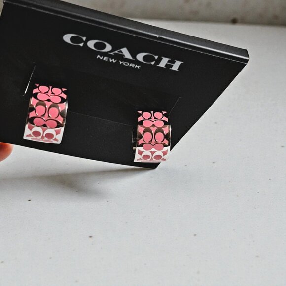 Coach Signature Enamel Huggie Earrings in Silver & Pink NWT - Picture 8 of 14